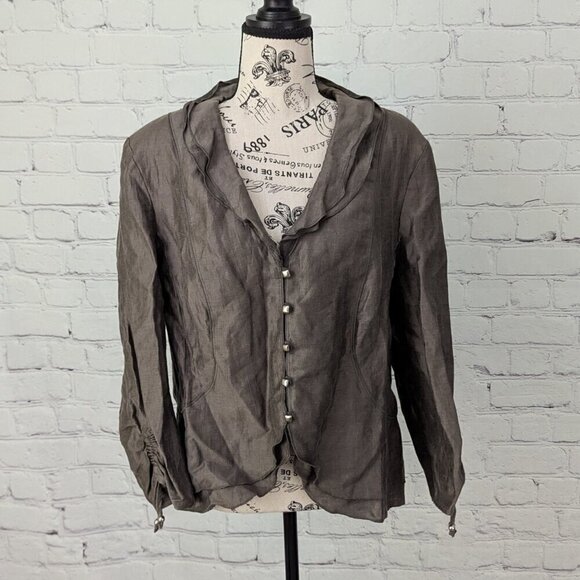 Gerry Weber Cinch Sleeves Buttoned Front Blazer Top Linen Brown Bronze FR 42 M - Picture 8 of 9